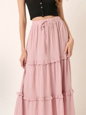 mittoshop Blush Pink Tiered Maxi Skirt with Drawstring
